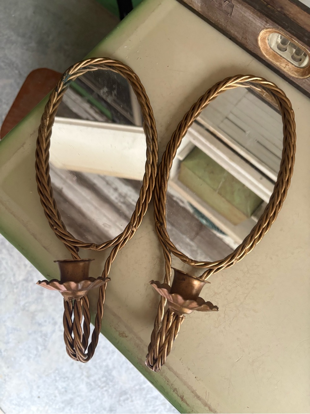 Vintage Home Interiors Antique-Style Gold Rope Wall Mirror Sconces - Pair
